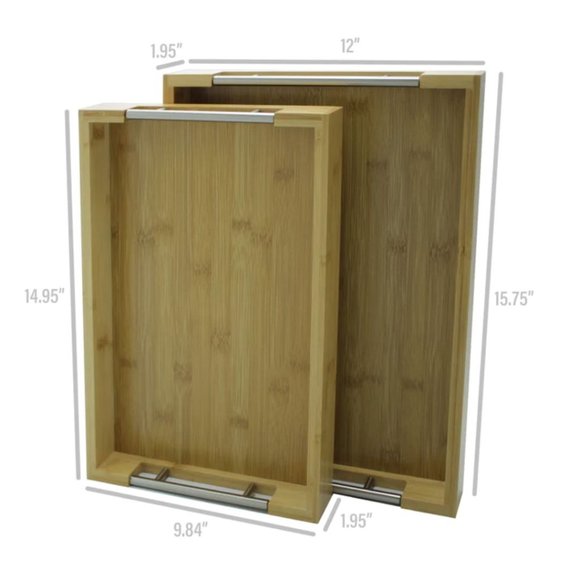Bamboo Modern Serving Tray with Metal Handles (Set of 2) - NATURAL - Picture 3 of 3